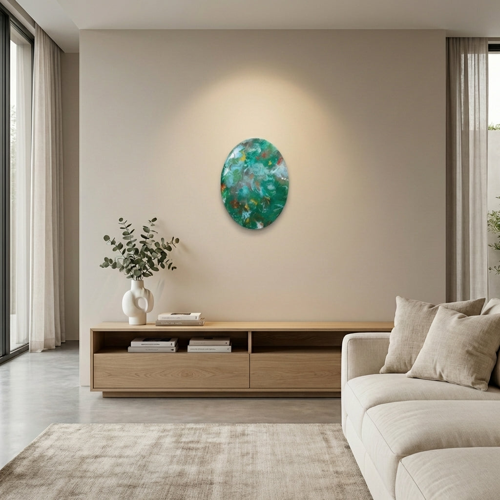 Emerald Flow (Dhara-II)– Luxury Abstract Oval Acrylic Painting (41 cm Height) | Modern Green Statement Wall Art by Abha Kochar