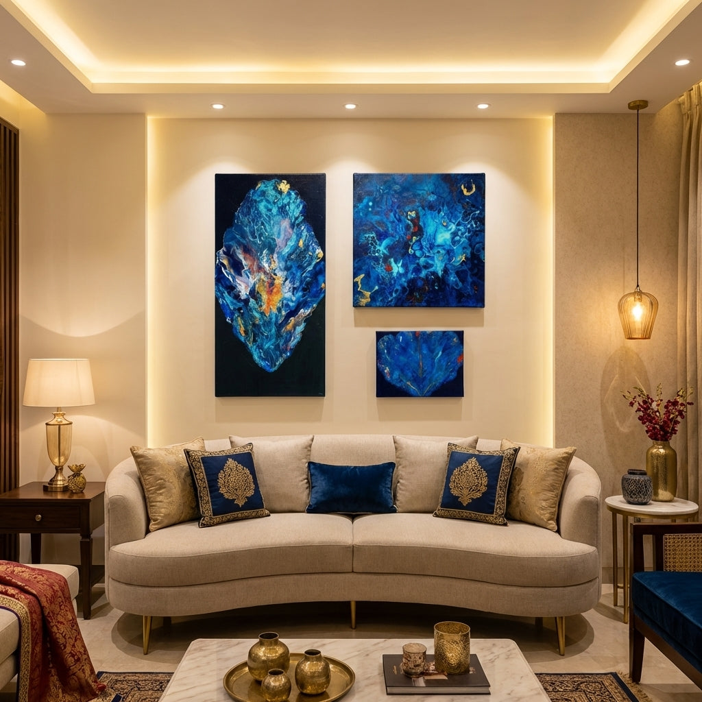 Blue Hues – Set of 3 Handmade Abstract Acrylic Paintings | Modern Blue Wall Art by Abha Kochar