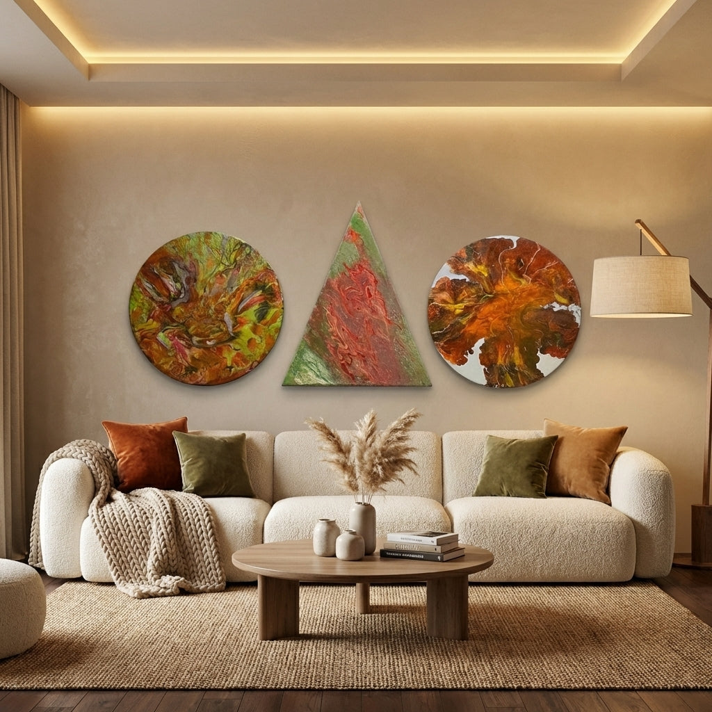 Echoes of Autumn – 3-Piece Geometric Abstract Painting Set (Circle & Triangle) | Handmade Wall Art by Abha Kochar