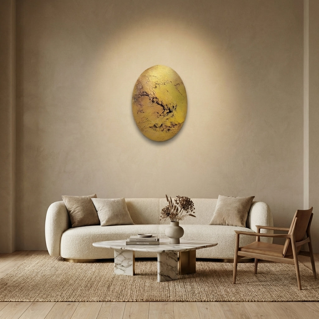 Golden Rift (Dhara-I) – Luxury Abstract Oval Acrylic Painting (41 cm Height) | Modern Gold Statement Wall Art by Abha Kochar