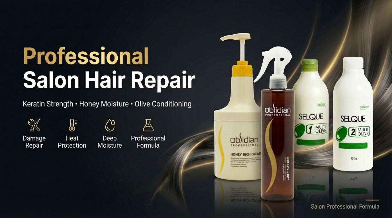 Collection of hair care products with branding on a dark background