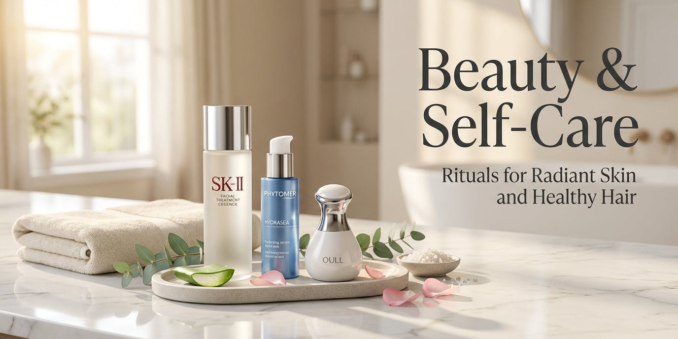 SK-II and other skincare products on a marble surface with 'Beauty & Self-Care' text.