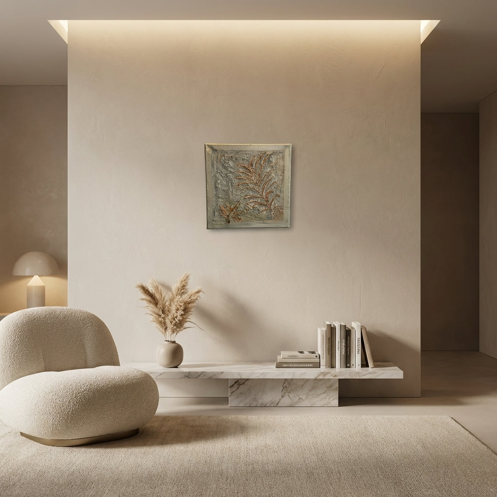 THE MURAL – Luxury Textured Botanical Abstract Painting (25x25 cm) | Neutral Tone Wall Art by Abha Kochar