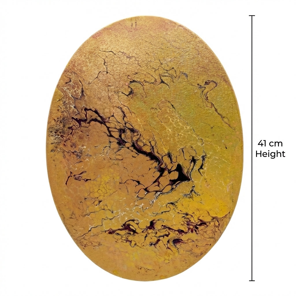 Golden Rift (Dhara-I) – Luxury Abstract Oval Acrylic Painting (41 cm Height) | Modern Gold Statement Wall Art by Abha Kochar