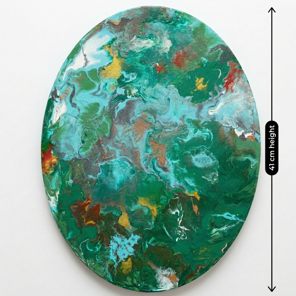 Emerald Flow (Dhara-II)– Luxury Abstract Oval Acrylic Painting (41 cm Height) | Modern Green Statement Wall Art by Abha Kochar