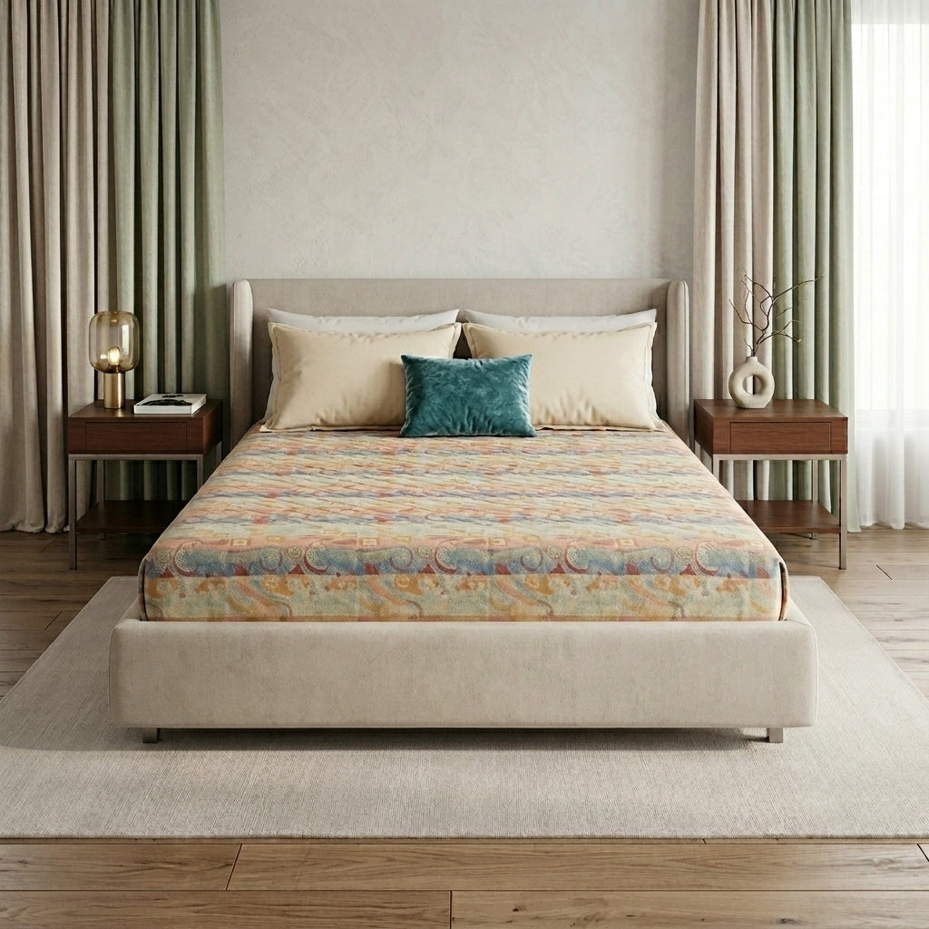 Neatly made bed with striped bedding in a bedroom setting with superina made in italy bedsheet
