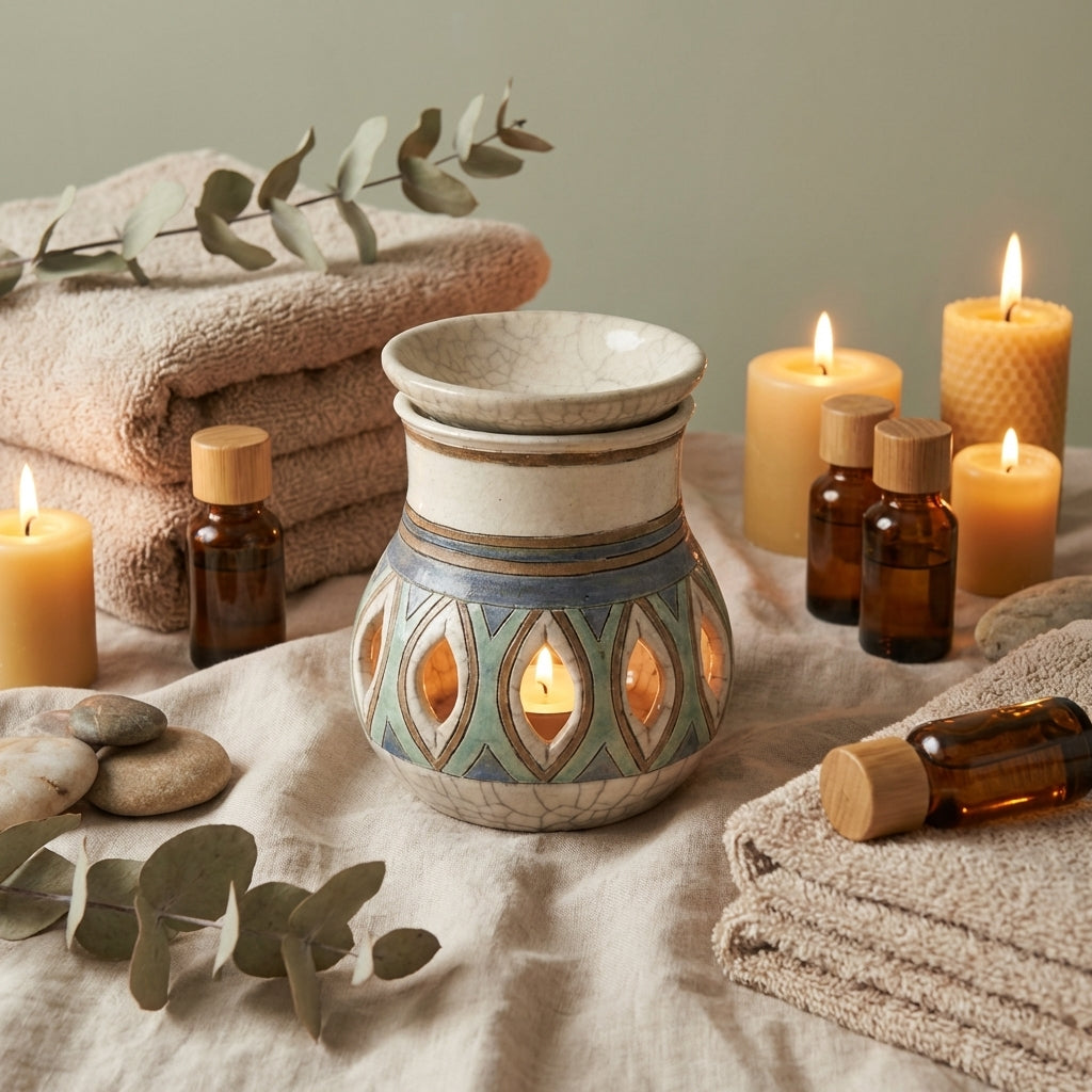 Japanese Raku Pottery Aromatherapy Oil Burner | Handmade Ceramic Diffuser Crackle Glaze India