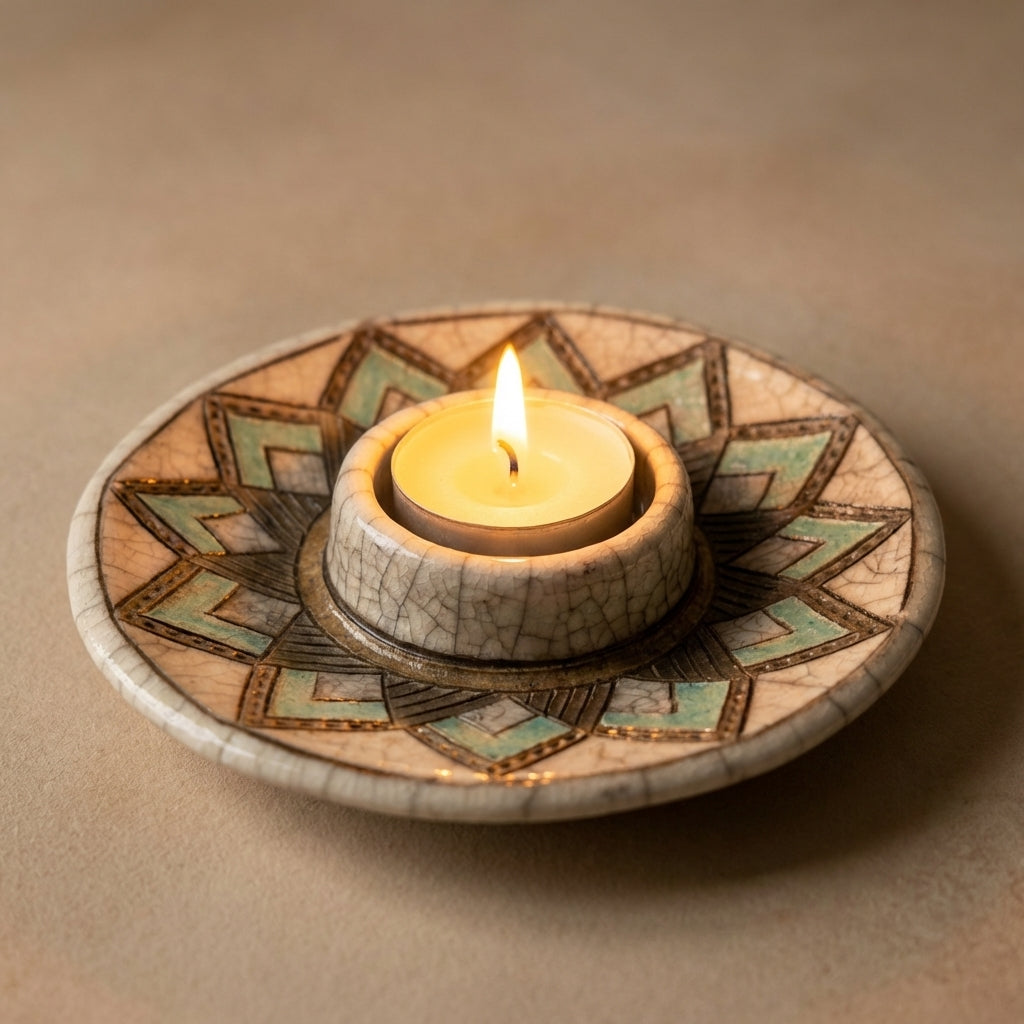 Japanese Raku Pottery Candle Stand | Geometric Crackle Glaze Handmade Tea Light Holder India