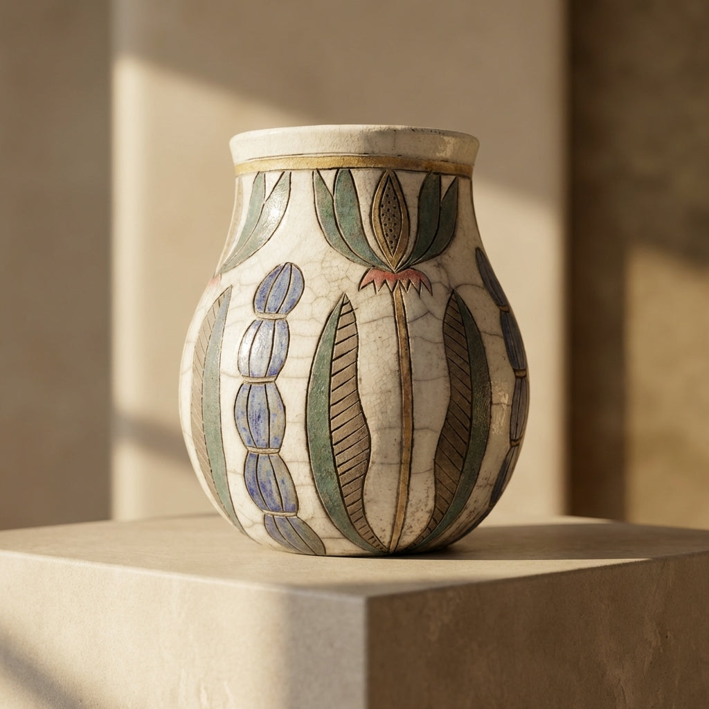 Japanese Raku Pottery Vase | Botanical Crackle Glaze Handmade Ceramic Art Vase India