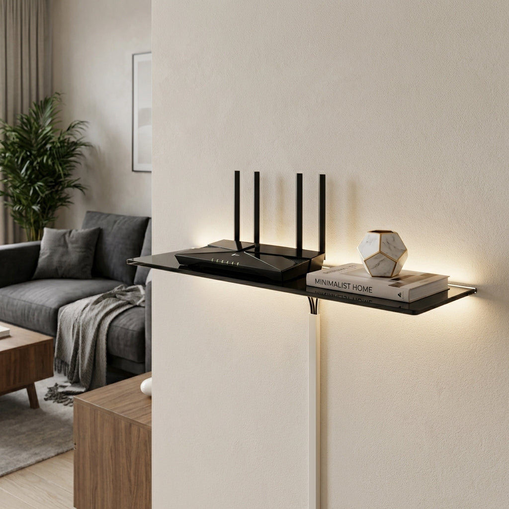 black toughened (80cmx10cm) Glass shelf holding wifi router