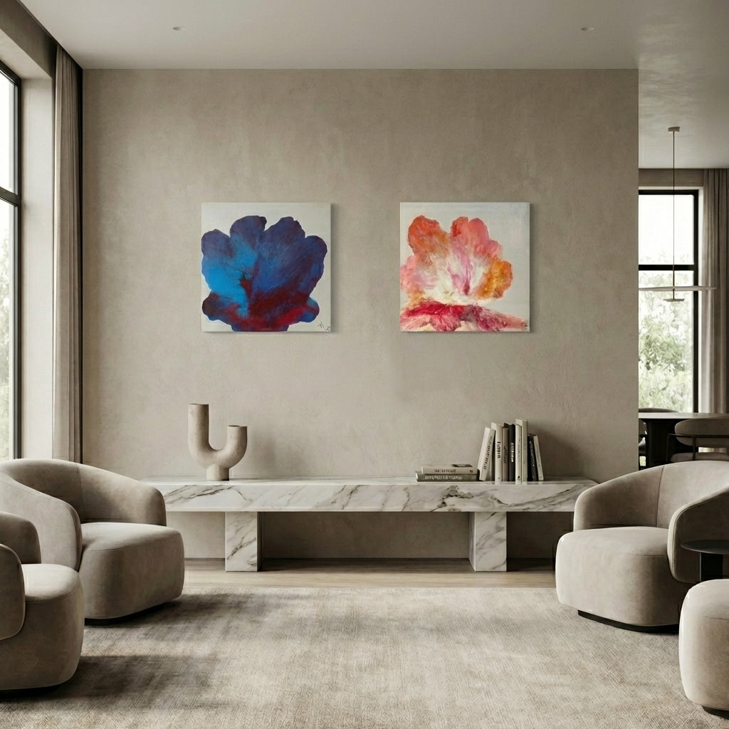 Blooms – Luxury Abstract Floral Acrylic Painting (Set of 2, 41x41 cm each) | Modern Wall Art by Abha Kochar