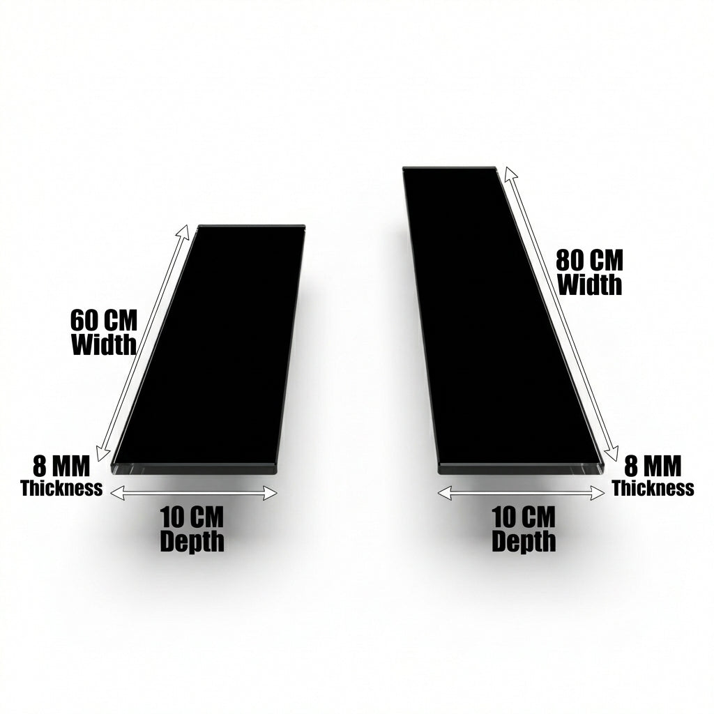 black toughened glass option between 80cm and 60cm length 8mm thickness and 10cm depth