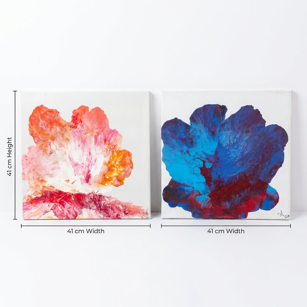 Blooms – Luxury Abstract Floral Acrylic Painting (Set of 2, 41x41 cm each) | Modern Wall Art by Abha Kochar