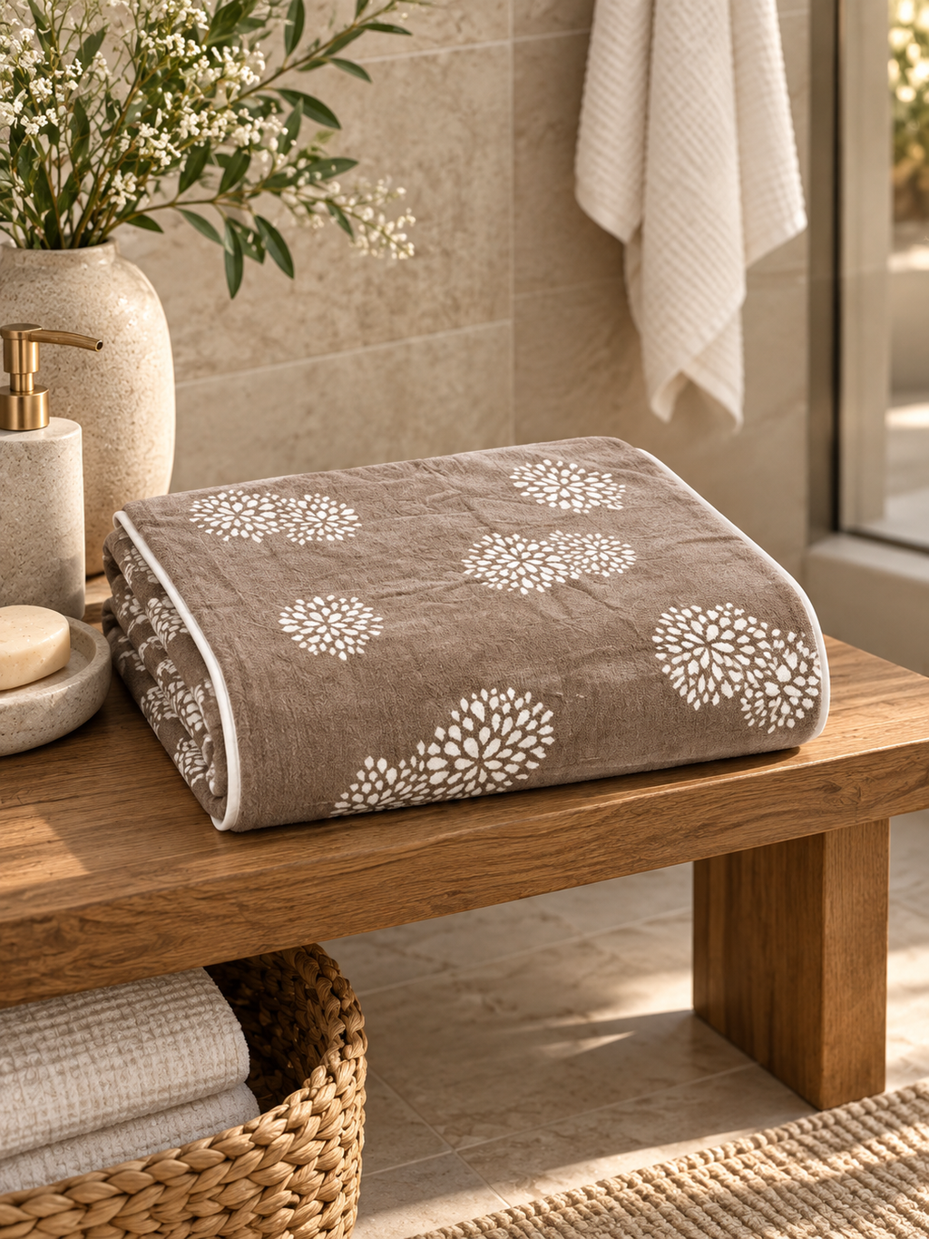 Brown floral bath towel with white motifs folded in a contemporary bathroom