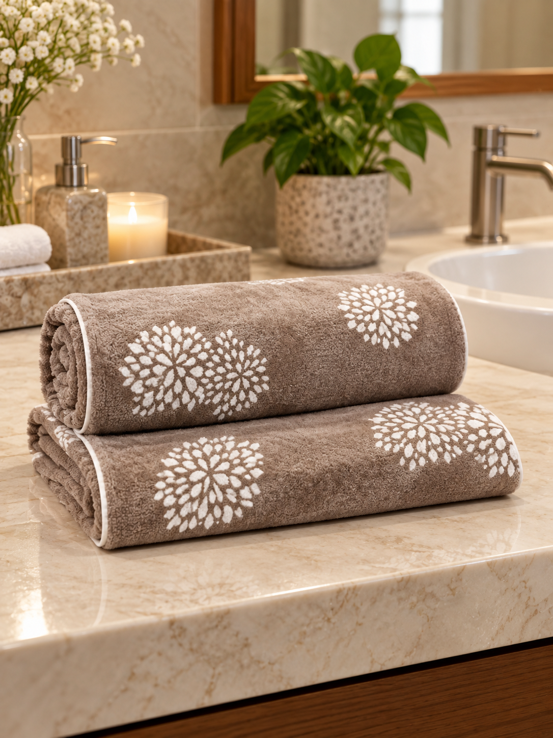 Brown floral bath towel styled in a premium hotel bathroom