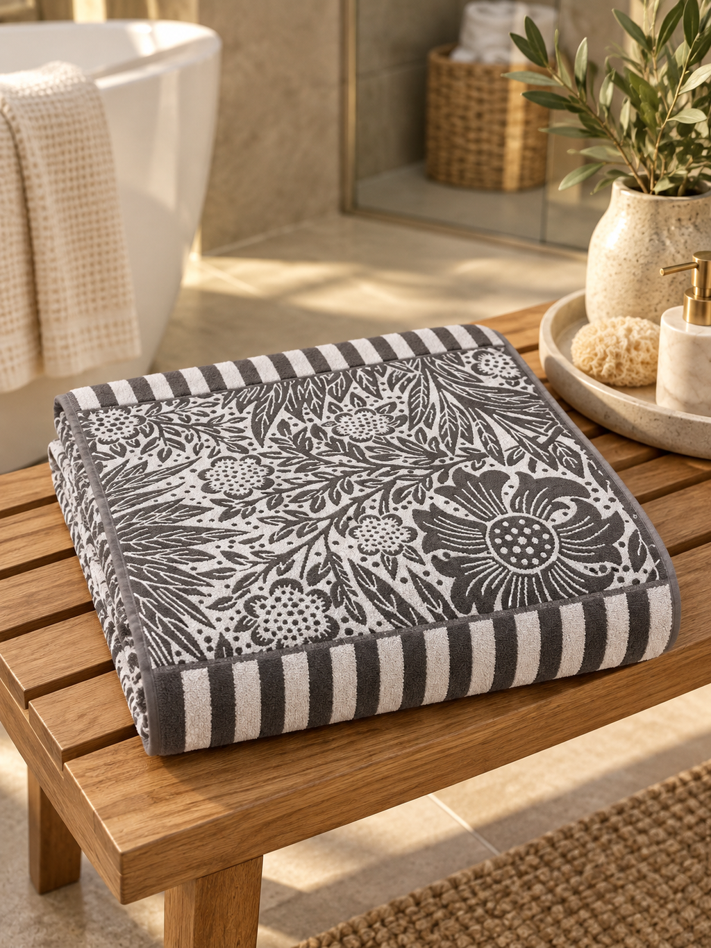 Charcoal gray and white botanical floral bath towel folded in a contemporary bathroom
