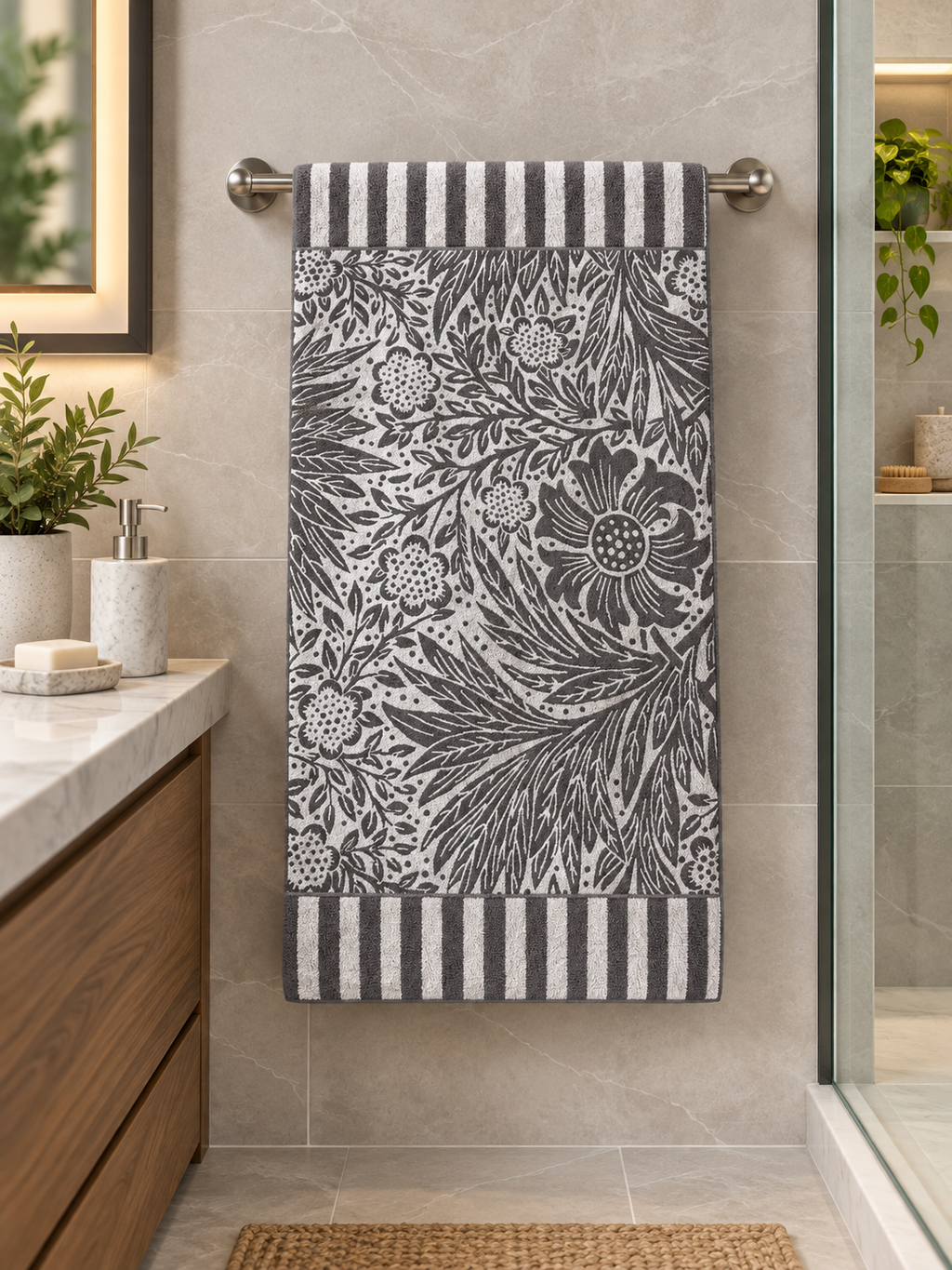 Charcoal gray and white floral bath towel with striped borders hanging in a contemporary bathroom