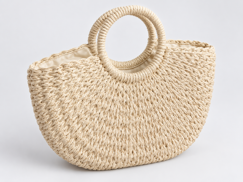 Cream braided tote bag with rope handles on a light gray studio background