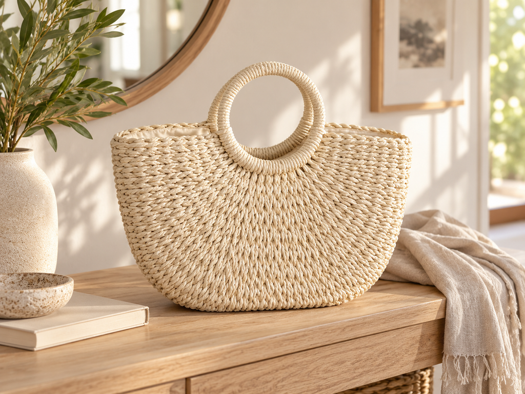 Cream braided tote bag styled in a bright home interior