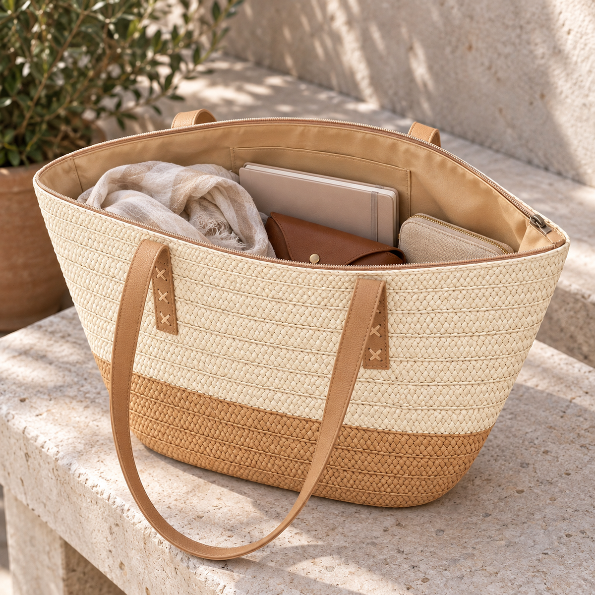 Cream and tan tapered woven tote styled with everyday essentials