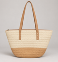 Cream and tan tapered woven zip tote, front studio view