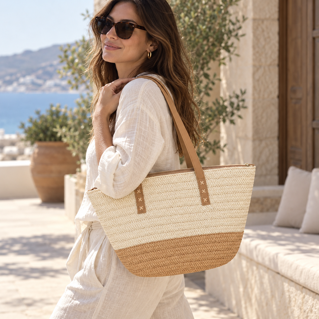 Cream and tan tapered woven tote carried over the shoulder