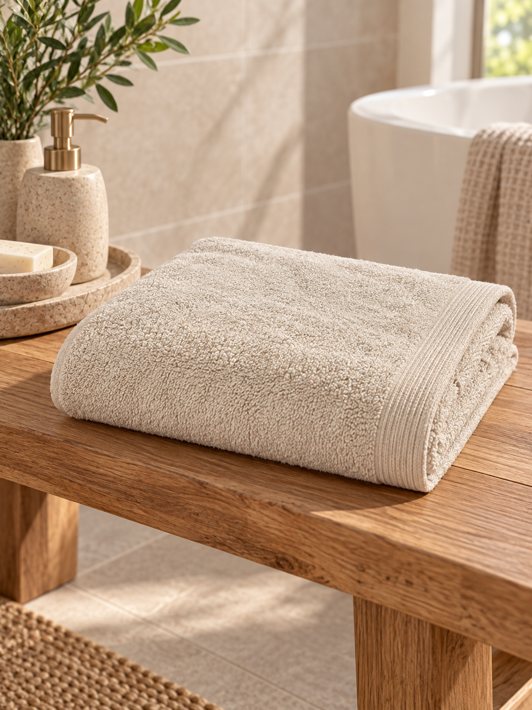 Cream cotton terry bath towel folded in a contemporary bathroom