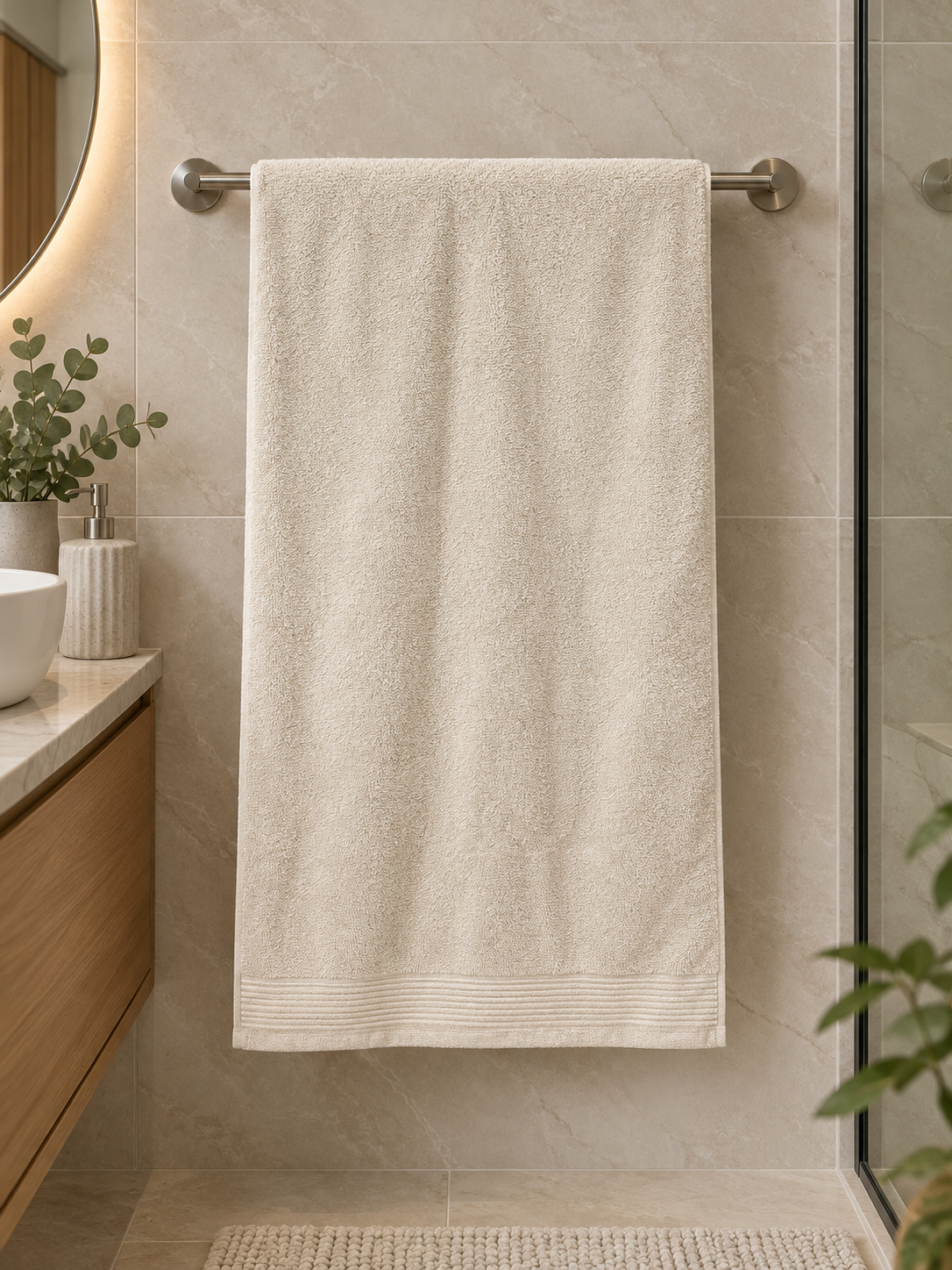 Cream cotton terry bath towel hanging neatly on a contemporary bathroom rail