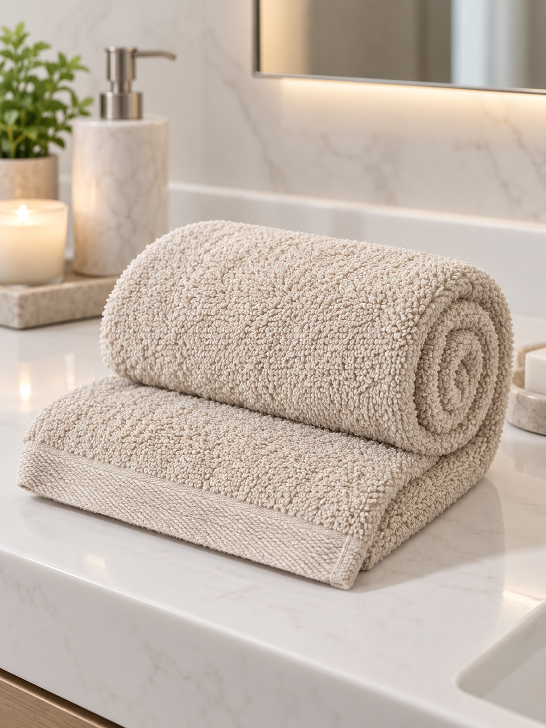 Cream cotton terry bath towel styled in a premium hotel bathroom