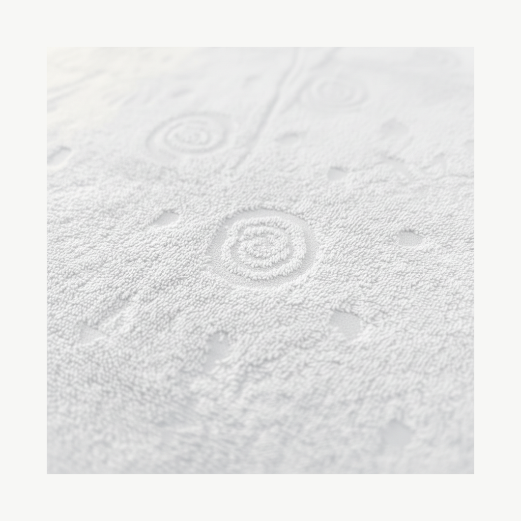 Close-up of raised shell jacquard pattern on white cotton terry cloth fabric