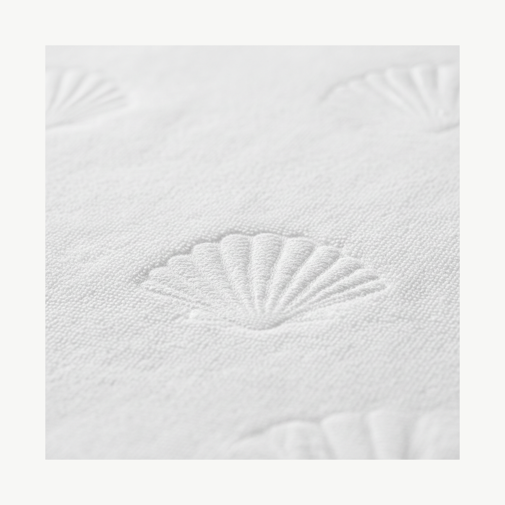 Close-up of raised shell jacquard pattern on cream cotton terry cloth fabric
