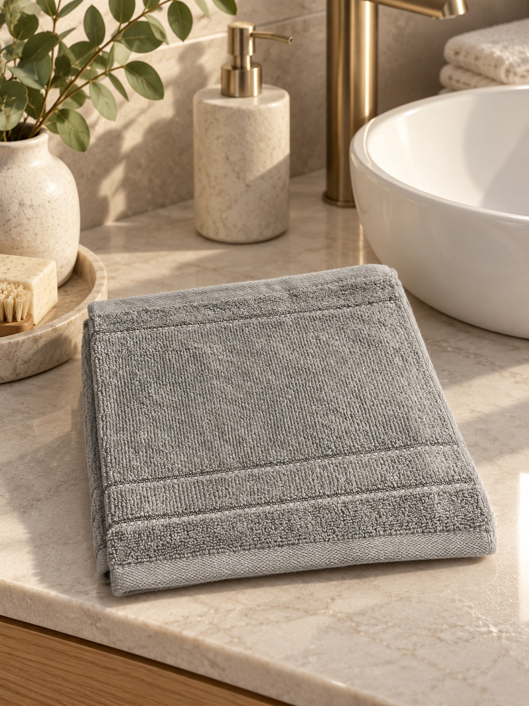 Medium gray Design Republique face cloth folded on a contemporary bathroom counter