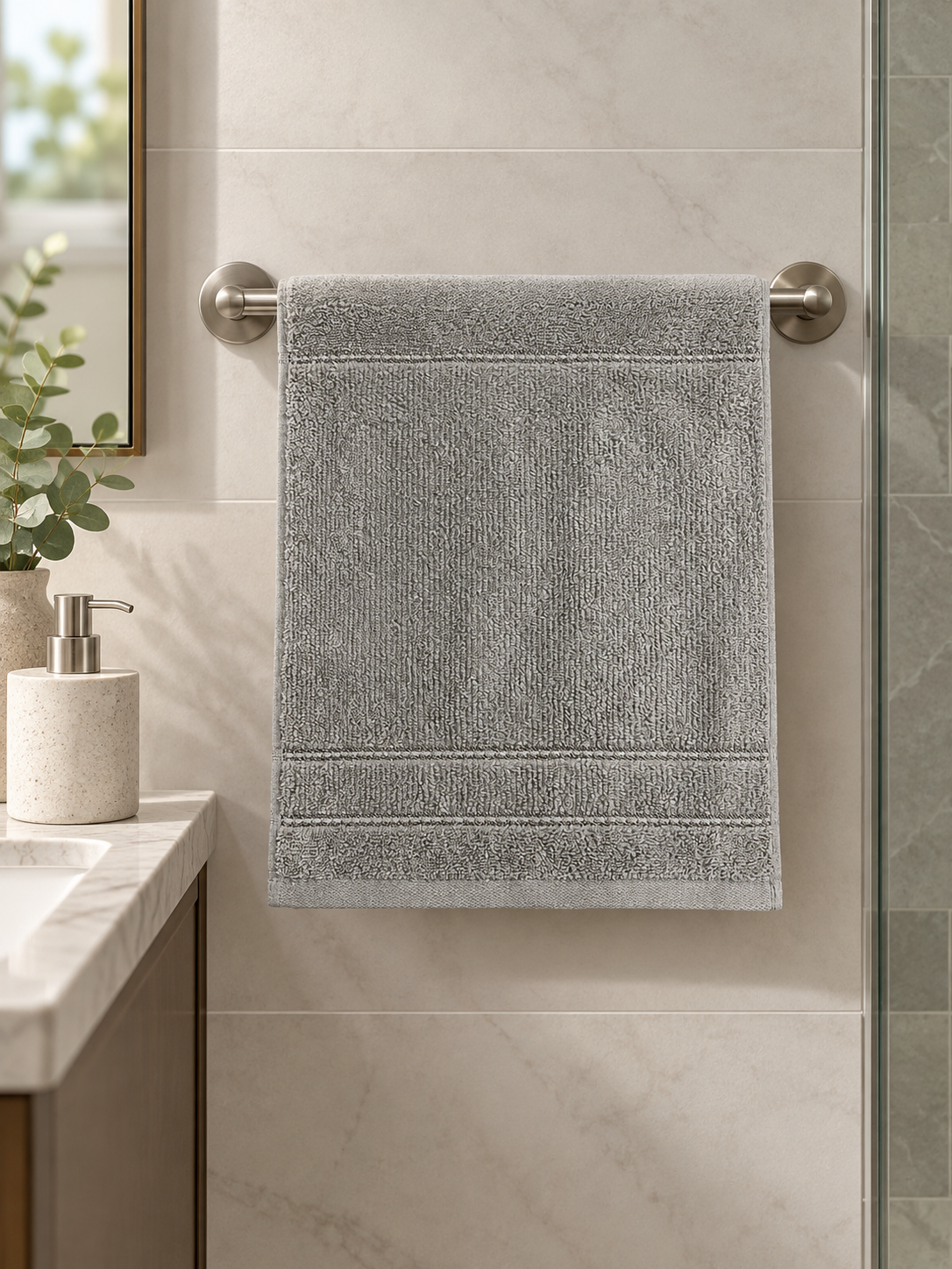 Medium gray Design Republique face cloth hanging neatly in a contemporary bathroom