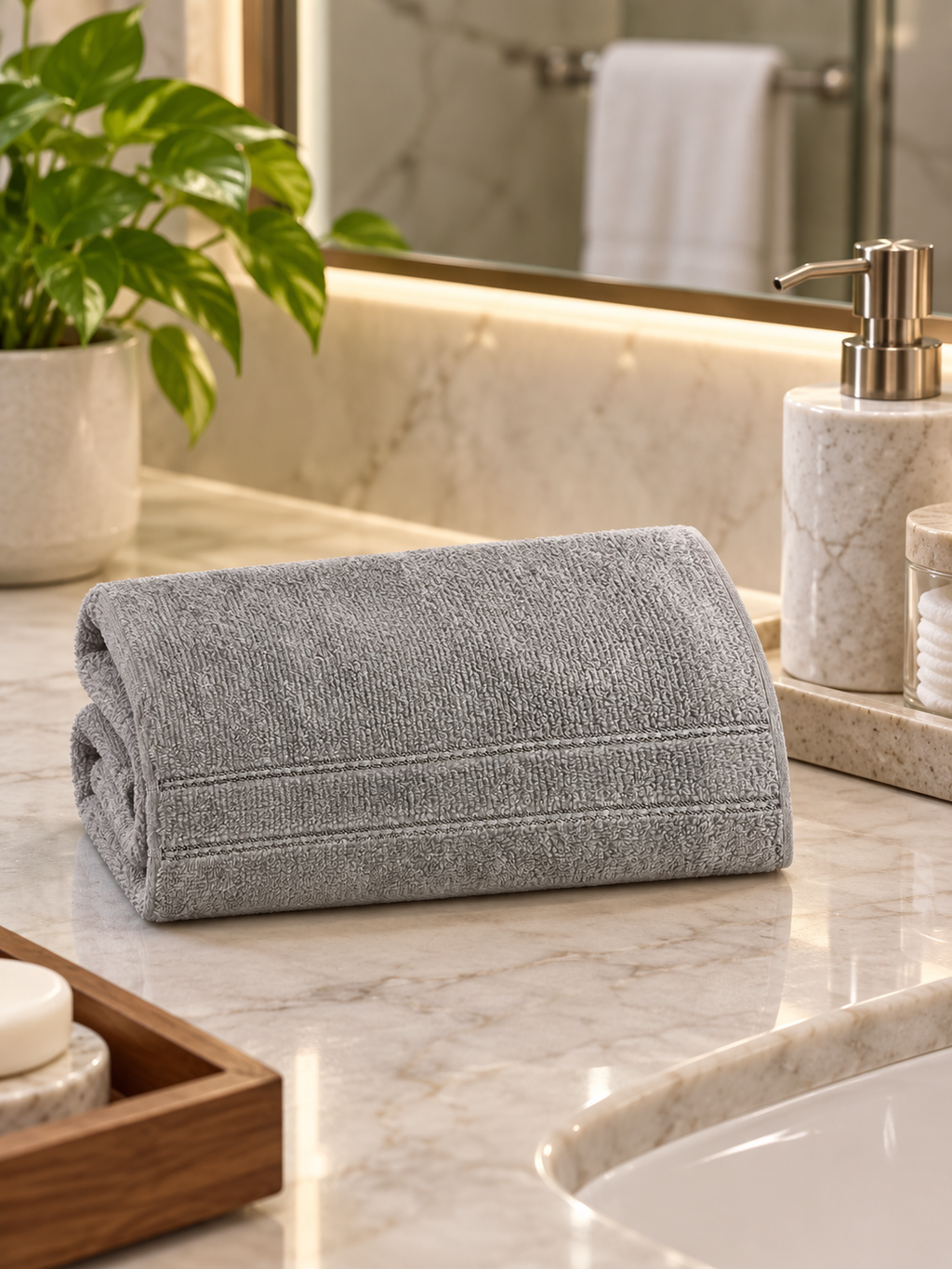 Medium gray Design Republique face cloth styled in a premium hotel bathroom