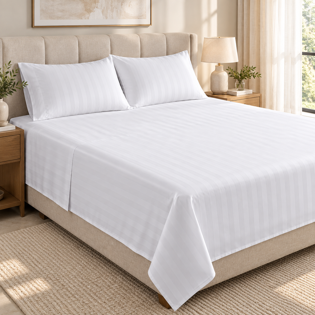 Premium white Egyptian cotton bedsheet laid smoothly on a neutral bedroom bed