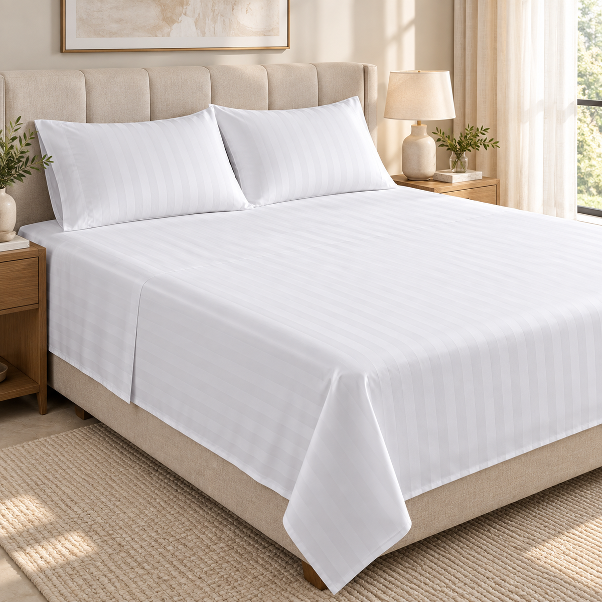 Premium white Egyptian cotton bedsheet laid smoothly on a neutral bedroom bed