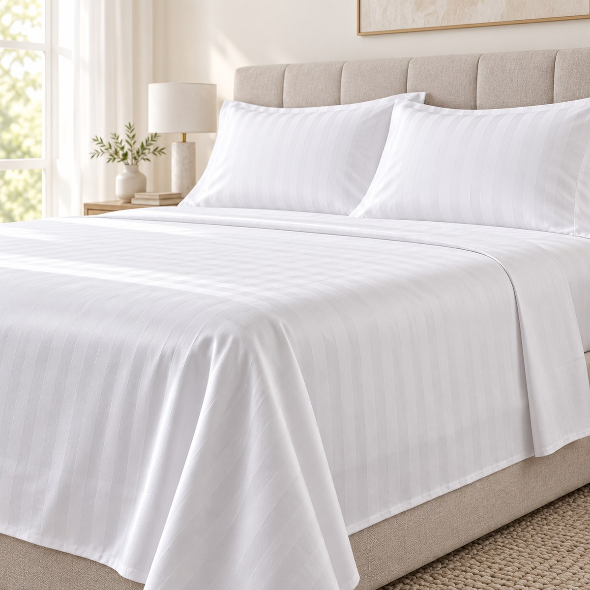 White Egyptian cotton bedsheet styled on a bed in a bright neutral bedroom