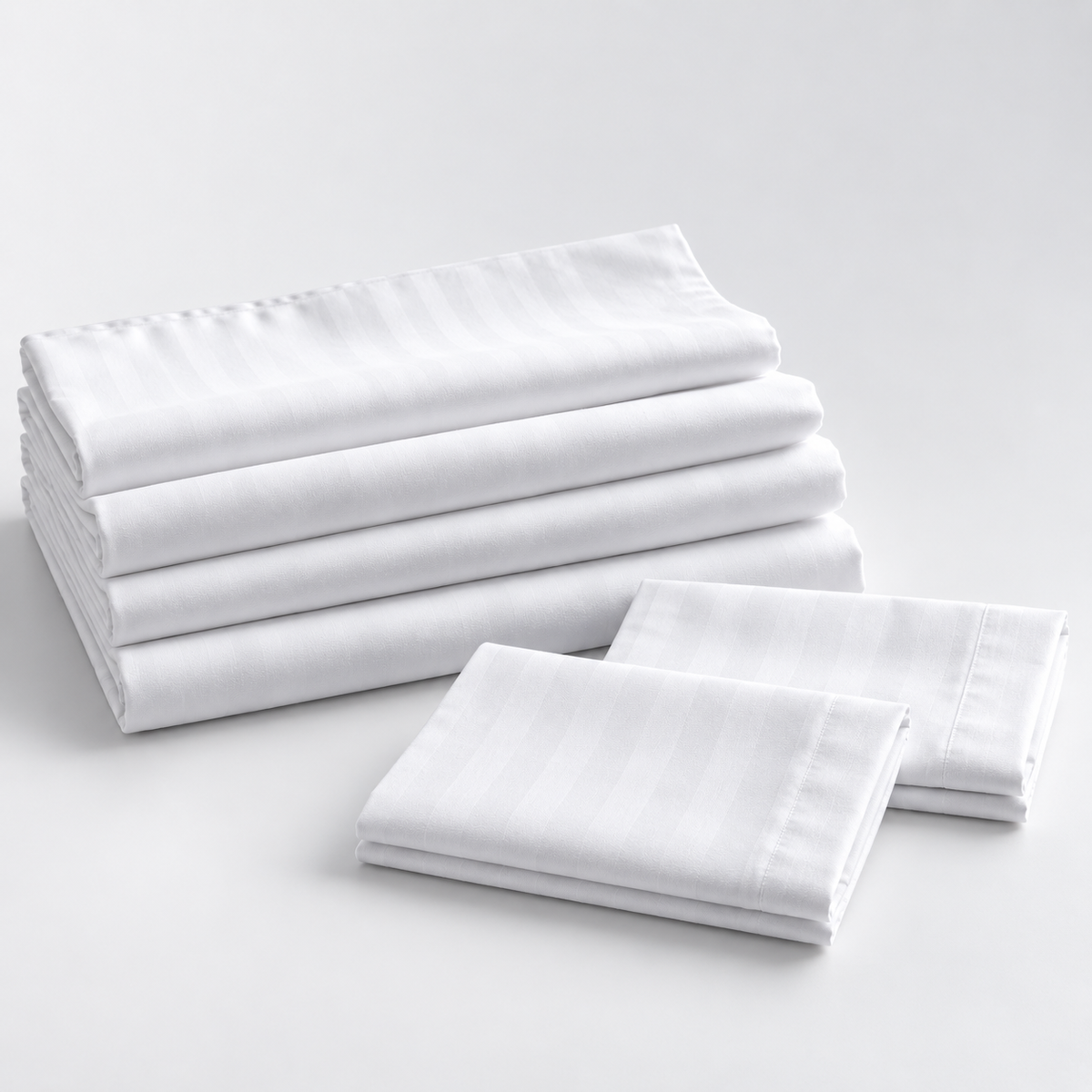 Close-up of the subtle stripe texture and cotton weave on the white Egyptian cotton bedsheet