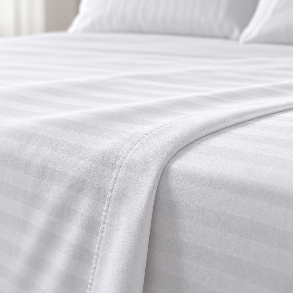 Folded white Egyptian cotton bedsheet with two matching pillow covers on a light studio background