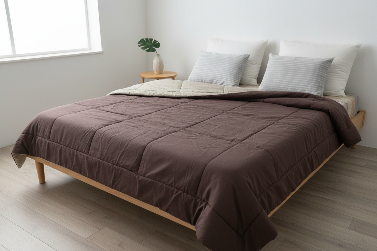 Deep brown and beige reversible quilted duvet arranged on a modern bed
