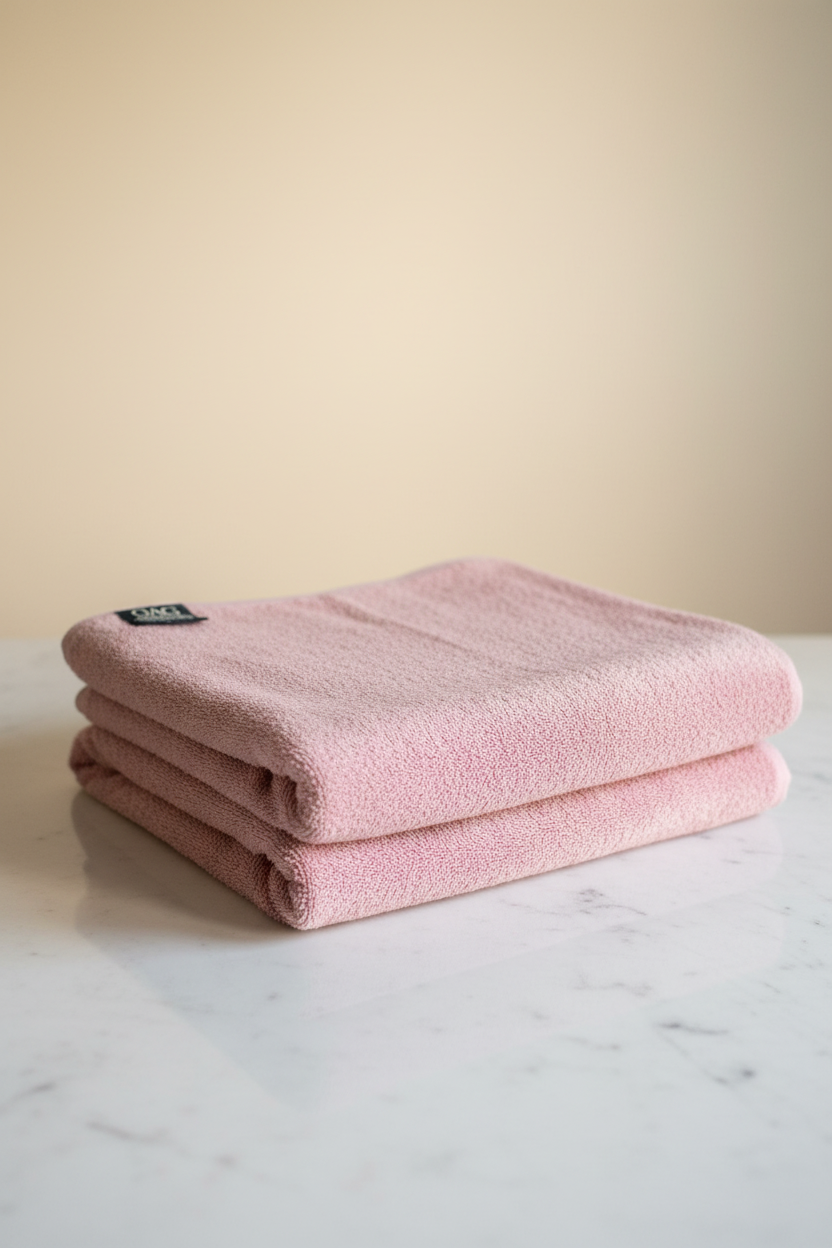 Pink Bath Towel folded flat on marble surface