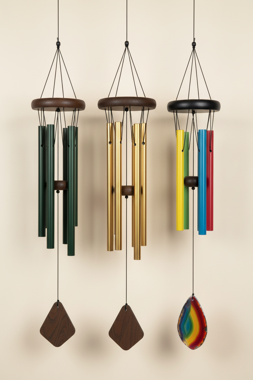 Nature's Melody premium aluminium wind chimes in gold, green and multicolour — home decor by Griha Sajja