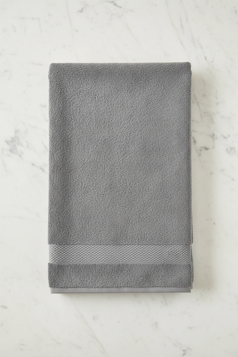 Grey Bath Towel folded flat on marble surface