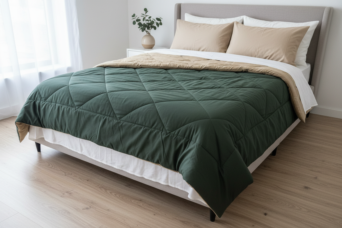 Dark green and beige reversible quilted duvet styled on a bed