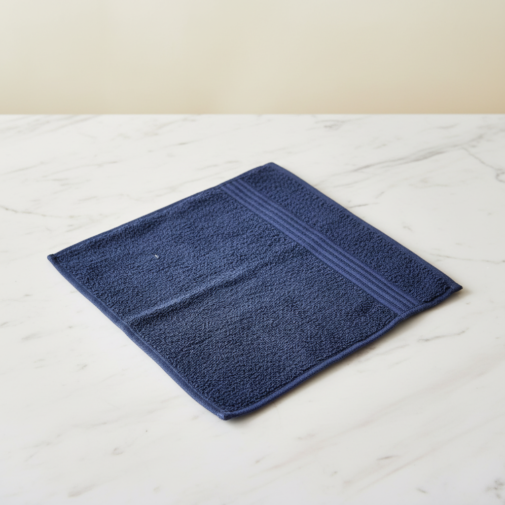 Navy blue face towel folded flat on marble surface