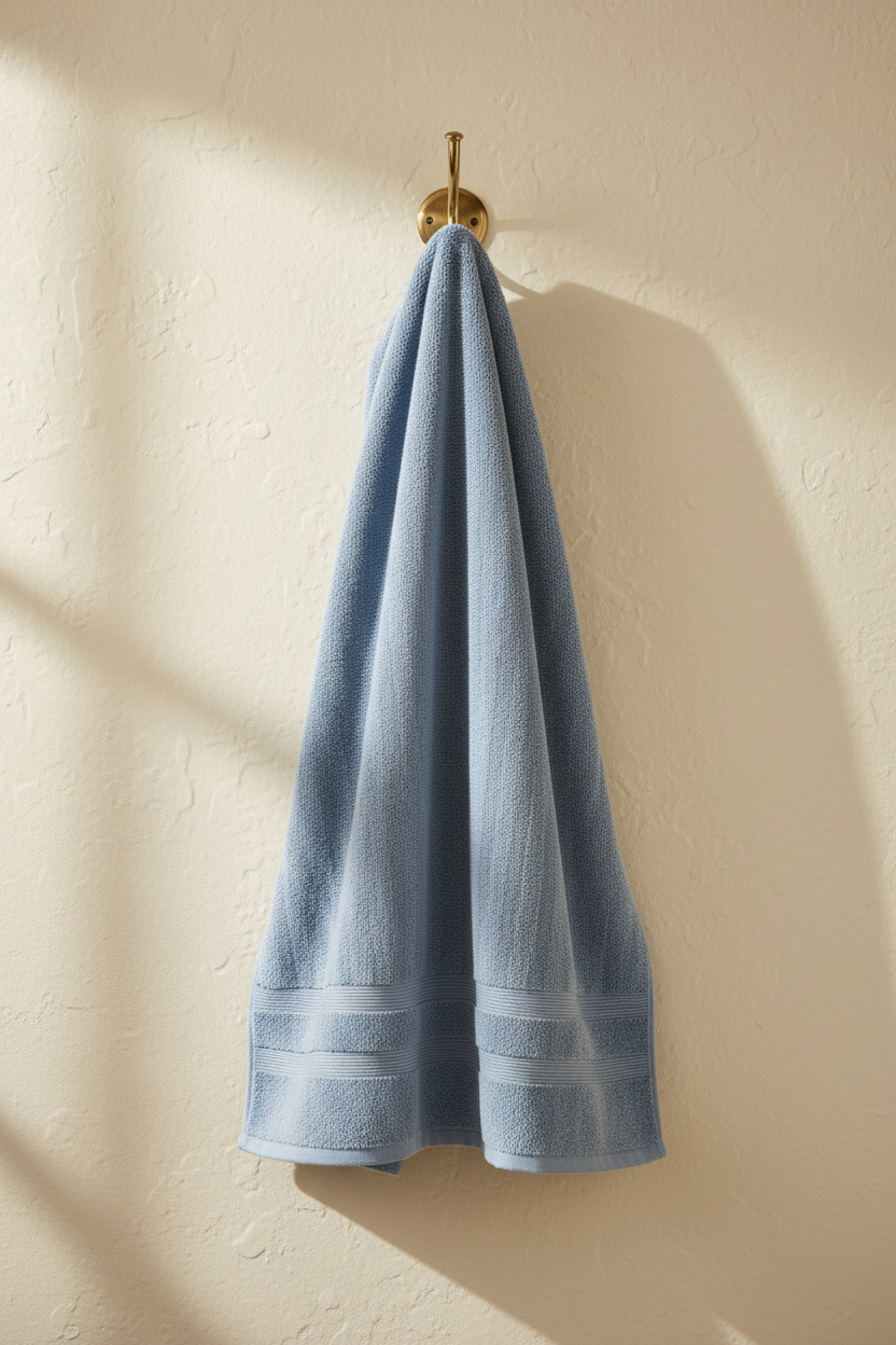 Light Blue Cotton Bath Towel hanging on brass hook