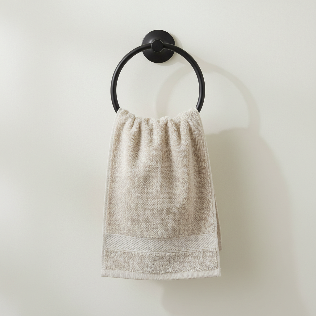Cream face towel on towel ring