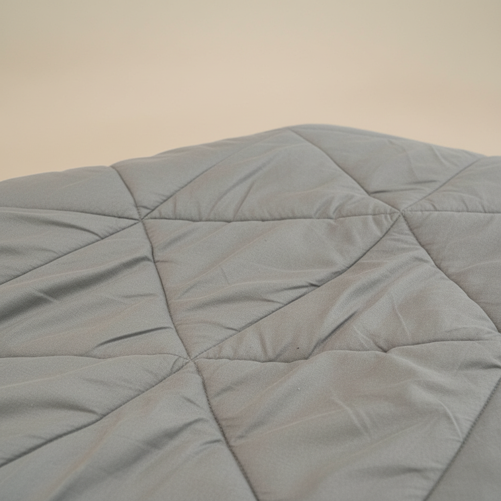 Close-up of grey duvet fabric with diamond quilted stitching