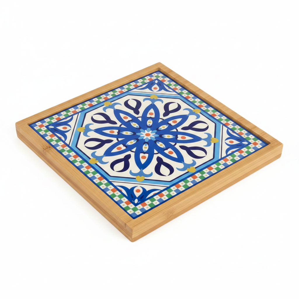 Turkish Hotpot Tile – Cobalt Petal Star, 3/4 angle view showing frame depth