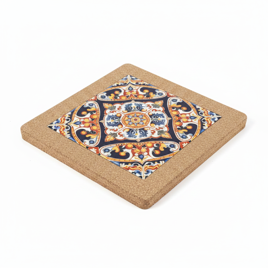 Turkish Hotpot Tile – Navy Baroque Medallion, 3/4 angle showing cork frame depth